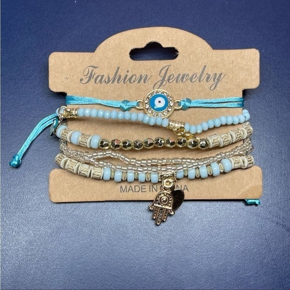 Light Blue WOMEN'S Beaded Multilayer Bracelet Set Boho Hamsa Evil Eye Pendant - Picture 2 of 3